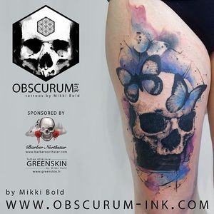 Skull tattoo adorned with butterflies #MikkiBold #graphic #skull #butterfly
