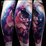 Cheshire Cat Tattoo by Tiggy Tuppence #cheshirecat #watercolor #watercolortattoo #colortattoos #brighttattoos #contemporary #londonartist #TiggyTuppence