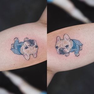 The most adorable micro tattoo of a French Bulldog ever by Sol Tattoo (IG—soltattoo). #adorable #micropuppies #minature #realism #SolTattoo