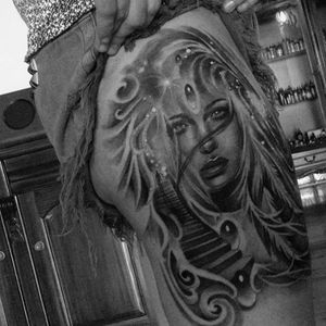 Galaxy woman black and grey tattoo by Karlee Sabrina. #realism #blackandgrey #galaxy #woman #stairs #KarleeSabrina
