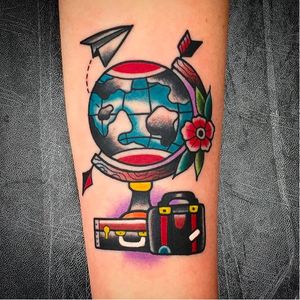 Globe tattoo by Saschi McCormack #traditional #color #SaschiMcCormack #globe #suitcase