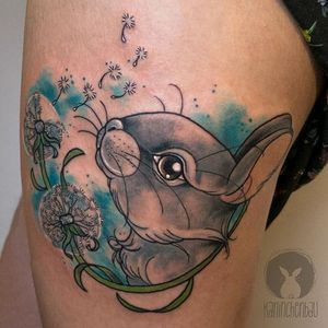 Bunny making wishes on dandelions. Tattoo by Rebecca Bertelwick. #rabbit #bunnny #flower #dandelion #neotraditional #RebeccaBertelwick