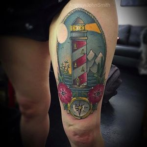 Lighthouse Tattoo by Andrew John Smith #AndrewJohnSmith #Neotraditional #London #Lighthouse #sea