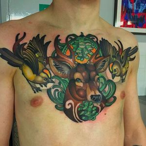 Huge neo traditional chest piece by Joe Frost #chesttattoo #JoeFrost #neotraditional #animals #birds #deer