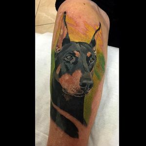 Doberman tattoo by Pepa Heller. #realism #colorrealism #dog #doberman #PepaHeller