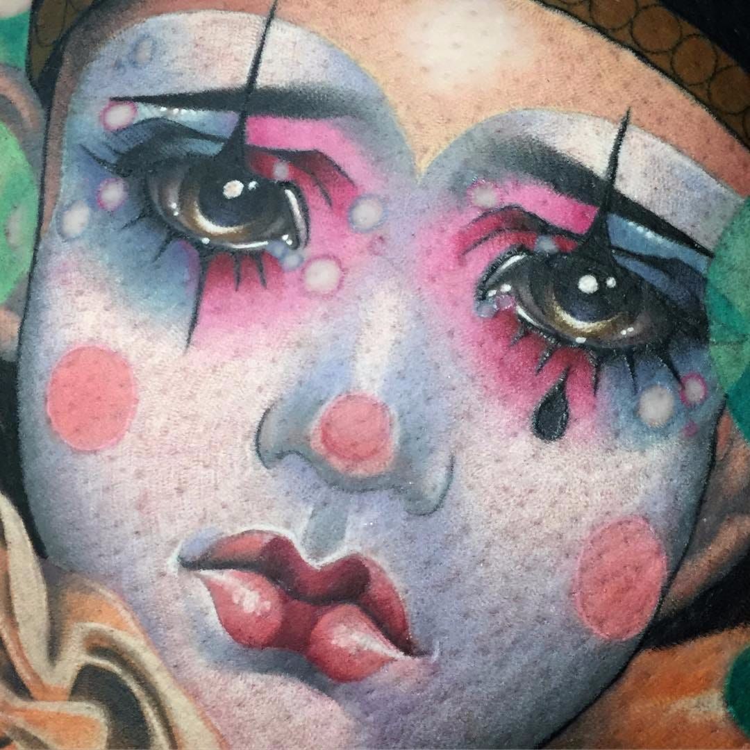 Tattoo uploaded by Tattoodo • cry sad by Kat Abdy #KatAbdy #realism #realistic #neotraditional #clown #pierrot #sadclown #cute #portrait #face #makeup #circus #tattoooftheday • Tattoodo