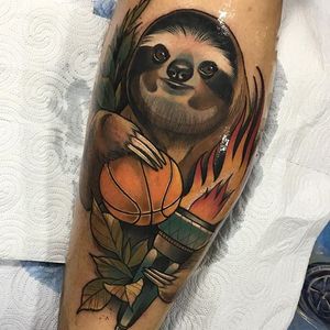 Sloth with a basketball, by Deborah Cherrys. (via IG— deboracherrys) #animalfriends #animal #deboracherrys #neotraditional #colorful