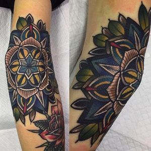 Cool elbow mandala tattoo by Mico @Micotattoo #Micotattoo #Mico #mandala #flower #bold