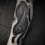 Bunny tattoo by Laura Yahna #Laurayahna #cooltattoos #blackwork #linework #bunny #rabbit #hare #nature #animal #darkart #stars #tattoooftheday