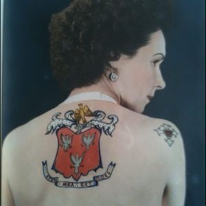 A photo of the first tattooist in Great Britain — Jesse Knight — and her badass tattoo of her family's crest of arms. #firstfemaletattooist #GreatBritain #history #JesseKnight #tattoopioneer