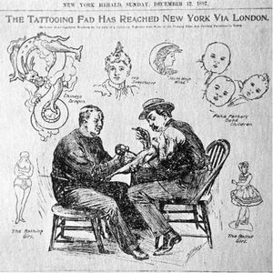 Rendering of O’Reilly (left). “The Tattooing Fad has Reached New York via London.” New York Herald, December 12, 1897. #Historical #Tattooing #SamOReilly #TattooMachine