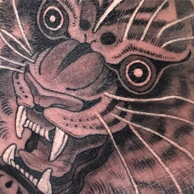 Eyes of the tiger by Noah J Moore #oldsouls #NoahJMoore #blackandgrey #Japanese #neotraditional #mashup #tiger #junglecat #cat #realistic #stripes #whiteink #tattoooftheday