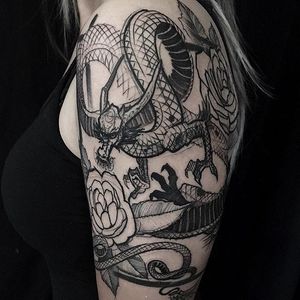 Dragon tattoo by Mike Riina. #MikeRiina #sketch #blackandgrey #dragon