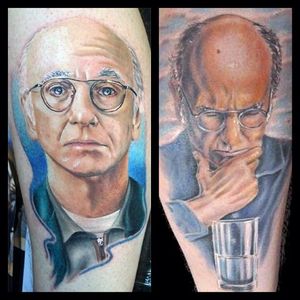 Two Larry Davids. Left one by Mick Squires, right one by Craig Riley (via IG -- makinsiadly) #MickSquires #craigriley #curbyourenthusiasm #curbyourenthusiasmtattoo #larrydavid #larrydavidtattoo