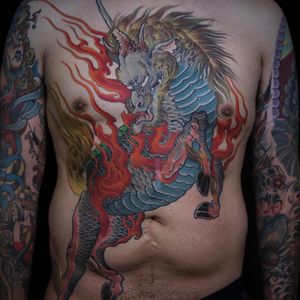 Kirin tattoo by Bill Canales #BillCanales #color #japanese #kirin #qilin #unicorn #horse #fire #dragonhead #magic #deity #folklore #protector #animal