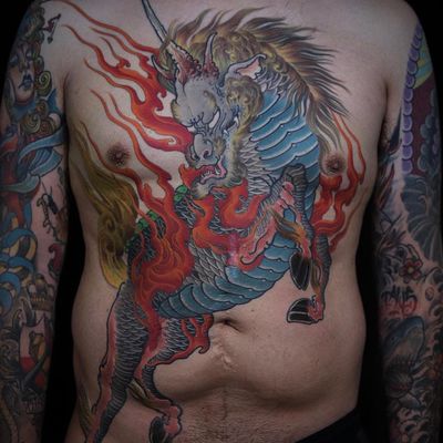 Kirin tattoo by Bill Canales #BillCanales #color #japanese #kirin #qilin #unicorn #horse #fire #dragonhead #magic #deity #folklore #protector #animal