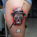 A Mexican skull in a fedora by Andres Flu #AndresFlu #hattattoo #mexicanskullinahat #skull #fishing