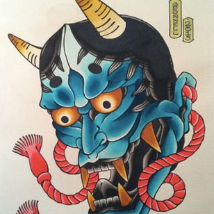 Another great painted design of a Japanese Hanya demon. Tattoo design by Chris O'Donnell. #ChrisODonnell #TraditionalJapanese #KingsAvenueTattoo #NewYorkTattooer #oriental #easternculture #hanyamask #asianart #illustration
