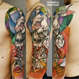 Alice in Wonderland themed tattoo by Daniela Degtiar #DanielaDegtiar #graphic #sketchstyle #abstract #watercolor #aliceinwonderland #rabbit #pocketwatch