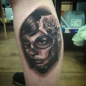 Dia de los Muertos tattoo by Ross. #sugarskull #dayofthedead #skull #blackandgrey #skullcandywoman #audreyhepburn
