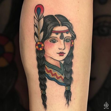 Tatuaje de mujer nativa americana por Iditch #Iditch #tradicional #neotradicional #nativeamerican #nativeamericangirl