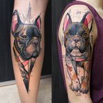 French Bulldog tattoo by Tobias Burchert. #TobiasBurchert #traditionalartstyle #softpastel #contemporary #sketch #frenchie #dog #bulldog #pet