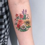 Rose tattoo by Deborah Genchi #DeborahGenchi #rosetattoos #color #watercolor #realistic #painterly #flowers #floral #rose #rosebud #leaves #nature #plant #daisy #sunflower #lavender