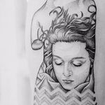 Woman within a statue tattoo by Uls Metzger. #UlsMetzger #dotwork #pointillism #blackwork #woman #portrait