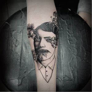 Poetic tattoo by Oked #Oked #blackwork #surrealistic #portrait