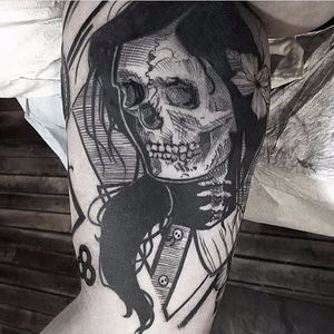 Skeleton woman tattoo by Mike Riina. #MikeRiina #sketch #blackandgrey #portrait #skeleton #skull #woman