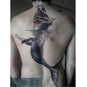 Photo-Realistic Whale Tattoo By Iwan Yug #blackandgreytattoo #whaletattoo #shiptattoo #IwanYug #photorealistictattoos #realistictattoos #3Dtattoos