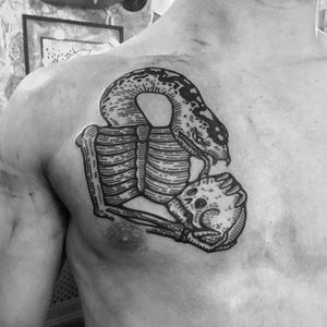 Snake and skeleton tattoo by @kolahari #kolaharitattoo #black #blackwork #linework #thecirclelondonsoho #snake #skull #skeleton