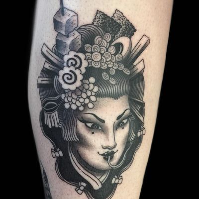 Ramen Queen tattoo by Wen Ramen #WenRamen #foodtattoos #blackandgrey #Japanese #traditional #newtraditional #mashup #ramen #noodles #egg #nori #sushi #chopsticks #portrait #ladyhead #geisha #bow #tattoooftheday