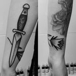 Simple and bold dotwork Dagger Tattoo by Matt Pettis @Matt_Pettis_Tattoo #MattPettis #MattPettisTattoo #Black #Blackwork #Blacktattoo #Blacktattoos #London #Dagger #Daggertattoo #btattooing #blckwrk