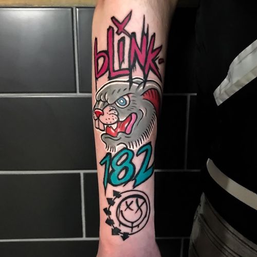 Blink 182 tattoo by Scott James Campbell #ScottJamesCampbell #musictattoos #color #band #Blink182 #rockandroll #poppunk #rabbit #smile #smileyface #music #tattoooftheday