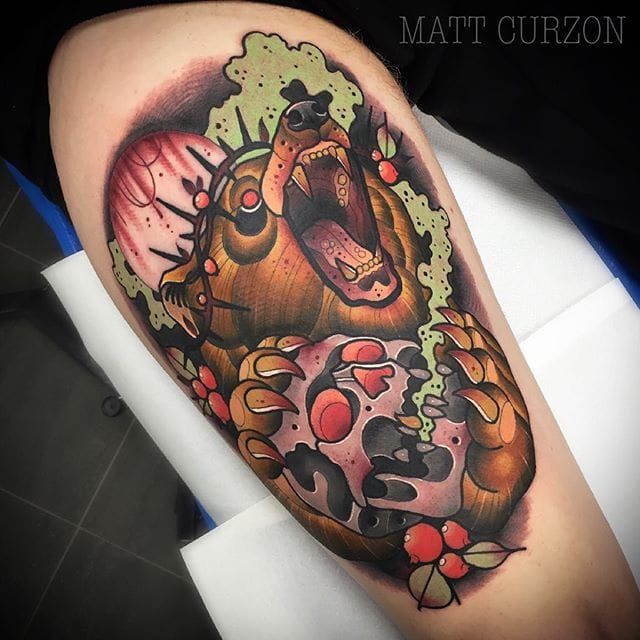 Tattoo uploaded by Robert Davies • Neo Traditional Bear Tattoo by Matt  Curzonn #NeoTraditionalBear #NeoTraditional #BearTattoos #BearTattoo  #MattCurzon #bear • Tattoodo