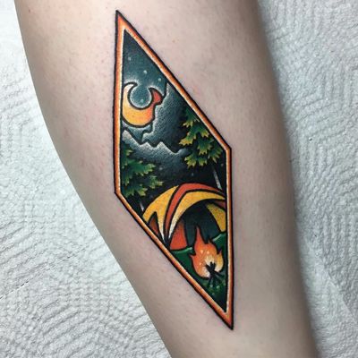 Sweet camping spot by Kevin Ray #KevinRay #camping #forest #fire #moon #clouds #landscape #stars #color #newtraditional #tattoooftheday