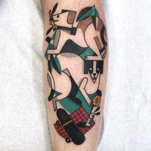 Fun at the park tattoo by Luca Font #LucaFont #dogtattoos #color #newtraditional #abstract #cubist #dog #fetch #petportrait #park #skateboard #basketball #coke #drink #nature #animal
