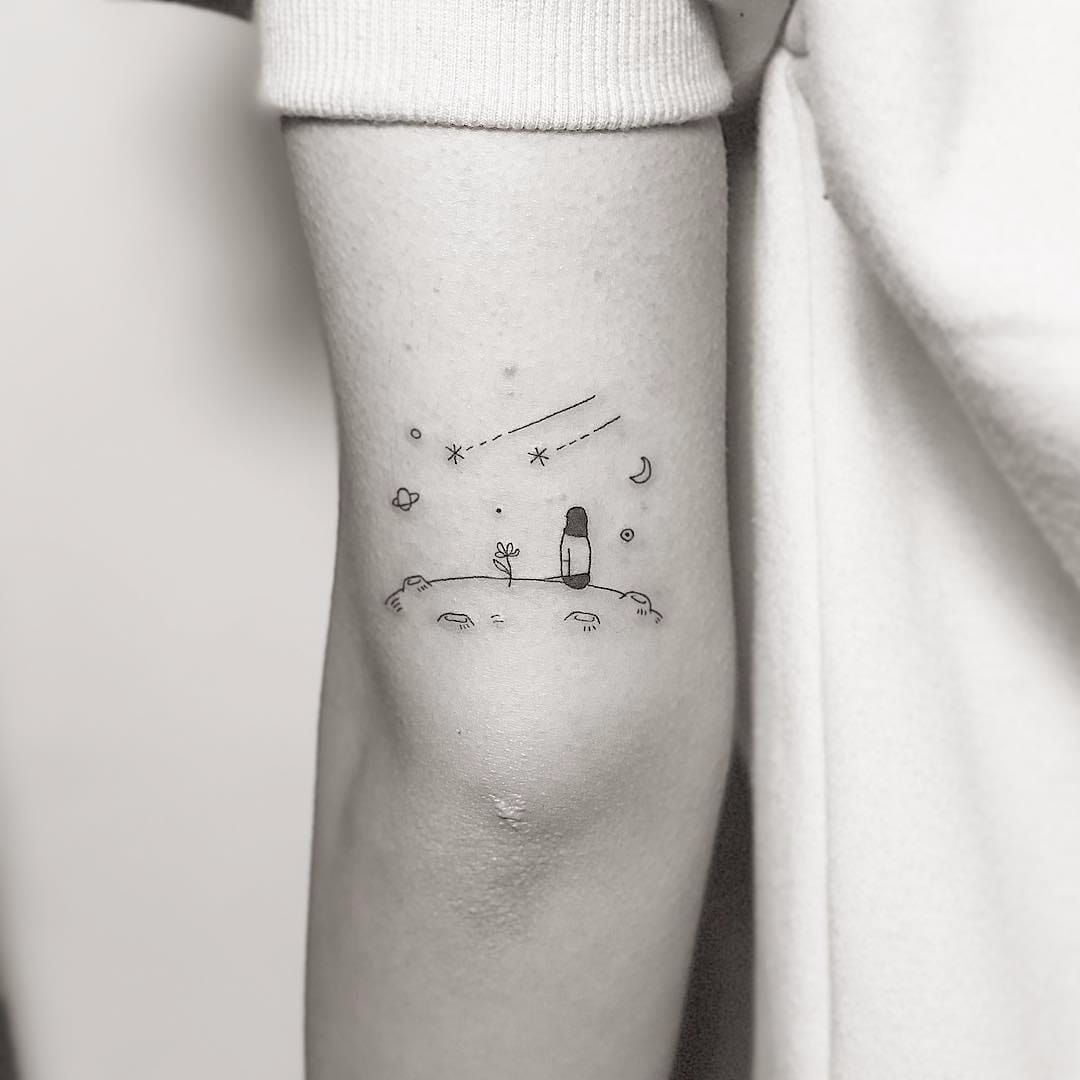 Tattoo uploaded by Tattoodo • In space by Masa #Masa #fineline #minimalist  #linework #small #simpe #galaxy #space #moon #girl #stars #shootingstar  #planet #saturn #travel #flower #tattoooftheday • Tattoodo