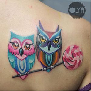 Watercolor owl tattoos by Olya Levchenko, photo from Instagram #watercolor #OlyaLevchenko #owl #lolly #nature