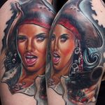 Awesome pirate lady tattoo by Martin Kukol. #MartinKukol #realistic #mARTink #pirate #girl #piratewoman
