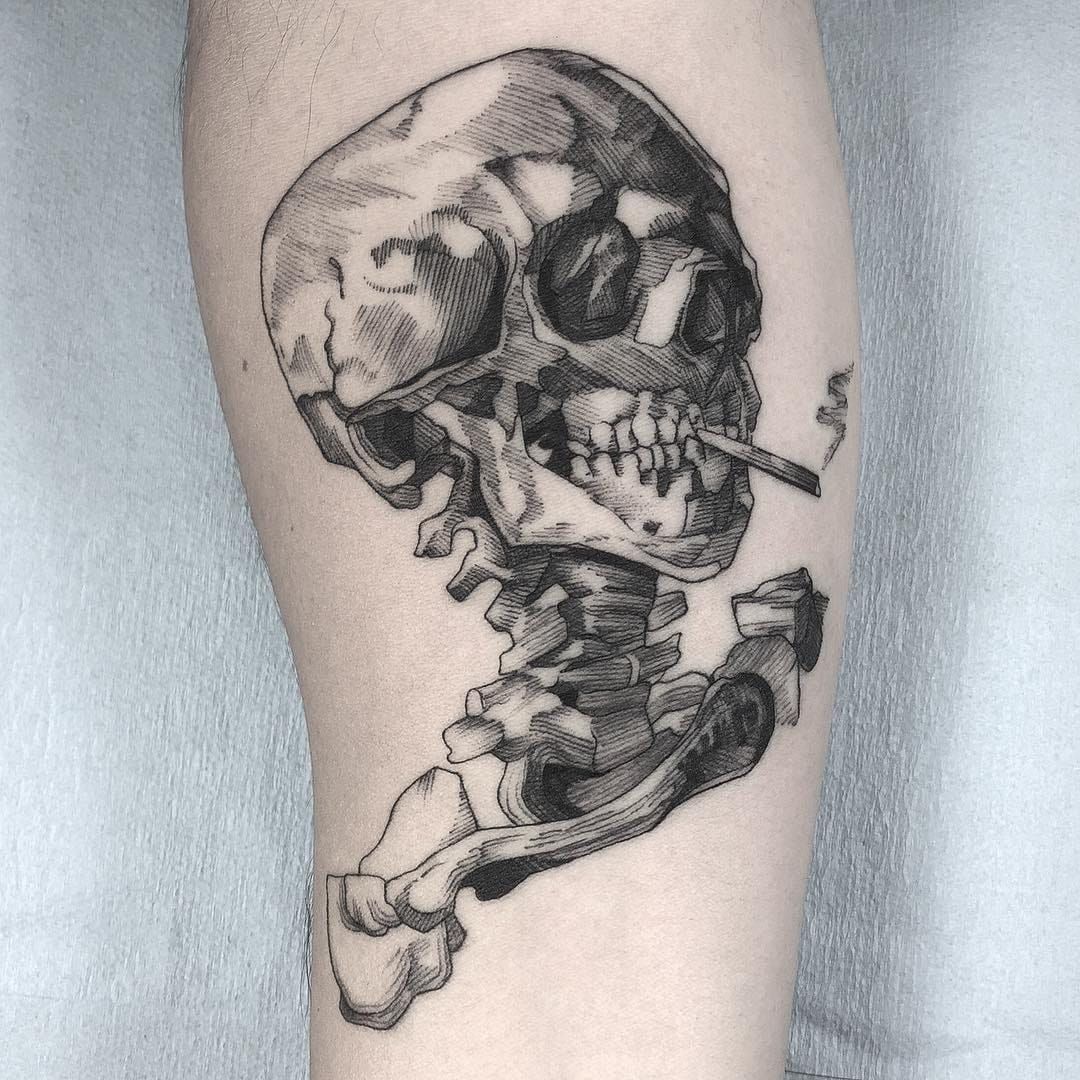 Tattoo uploaded by Paige Jean Tattoos  Skull of a Skeleton with Burning  Cigarette Van Gogh painting tattoo  Paige Jean Tattoos Salt Lake City  Utah  contact me on my instagram paigejeantattoos  Tattoodo