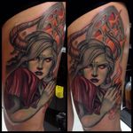 Horned woman tattoo. #JustinHarris #horned #creature #neotraditional #sinister #lady #woman