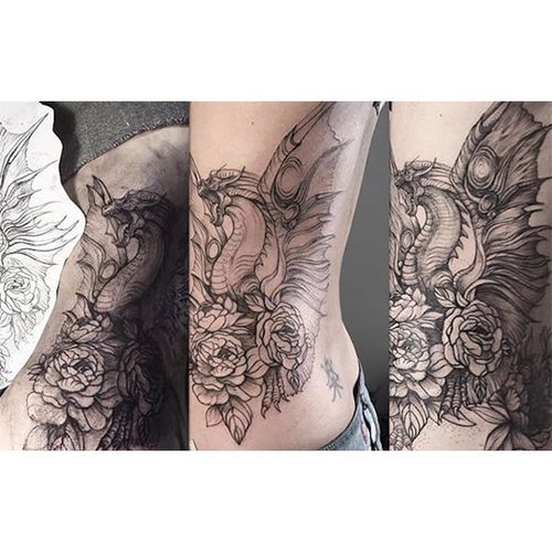 Dragon tattoo by Lesya Kovalchuk. #LesyaKovalchuk #blackwork #mythology #dragon #beast #creature #fantasy #tale #epic