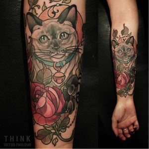 Cat tattoo by Santi Bord #SantiBord #neotraditional #floral #cat #rose