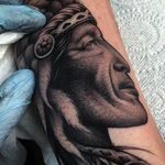 Incredible shading technique on this detail photo of a Native American chief. Tattoo by Ricky Williams. #RickyWilliams #blackandgrey #blackandgray #monochromatic #monohrome #nativeamerican #chief #shading