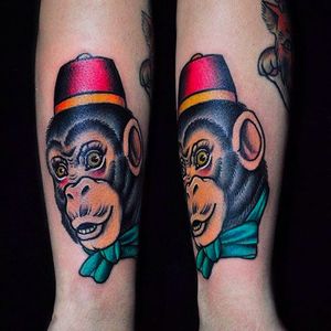 A chimp wearing a really cool hat and a bow tie. Rad tattoo by Jan Fresco. #toxic #JanFresco #goodhandtattoo #neotraditional #coloredtattoo #chimp #bowtie