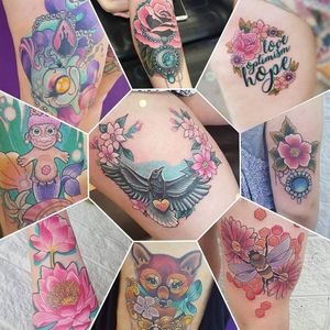Tattoos by Nikko Adams #NikkoAdams #bees #lotus #color #girly #neotrad