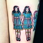 Come play with us by Dani Queipo #DaniQueipo #color #traditional #TheShining #theshiningtwins #twins #movietattoos #film #dress #StanleyKubrick #StephenKing #tattoooftheday