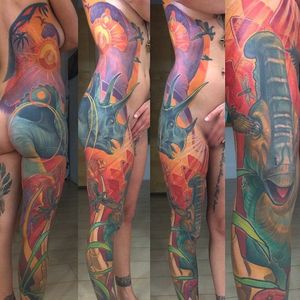 Side to leg sleeve, massive dino themed tattoo by Steve Moore. #SteveMoore #side #legsleeve